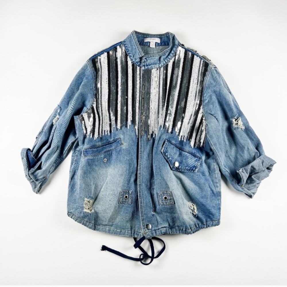 Scripted Embellished Anorak Oversized Distressed Sequin Jean Denim Jacket XS